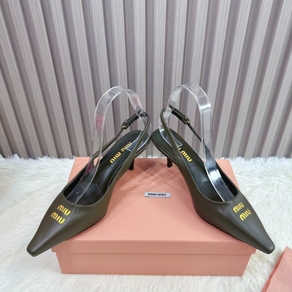 POINTED-TOE SLINGBACK IN ARMY GREEN LAMBSKIN