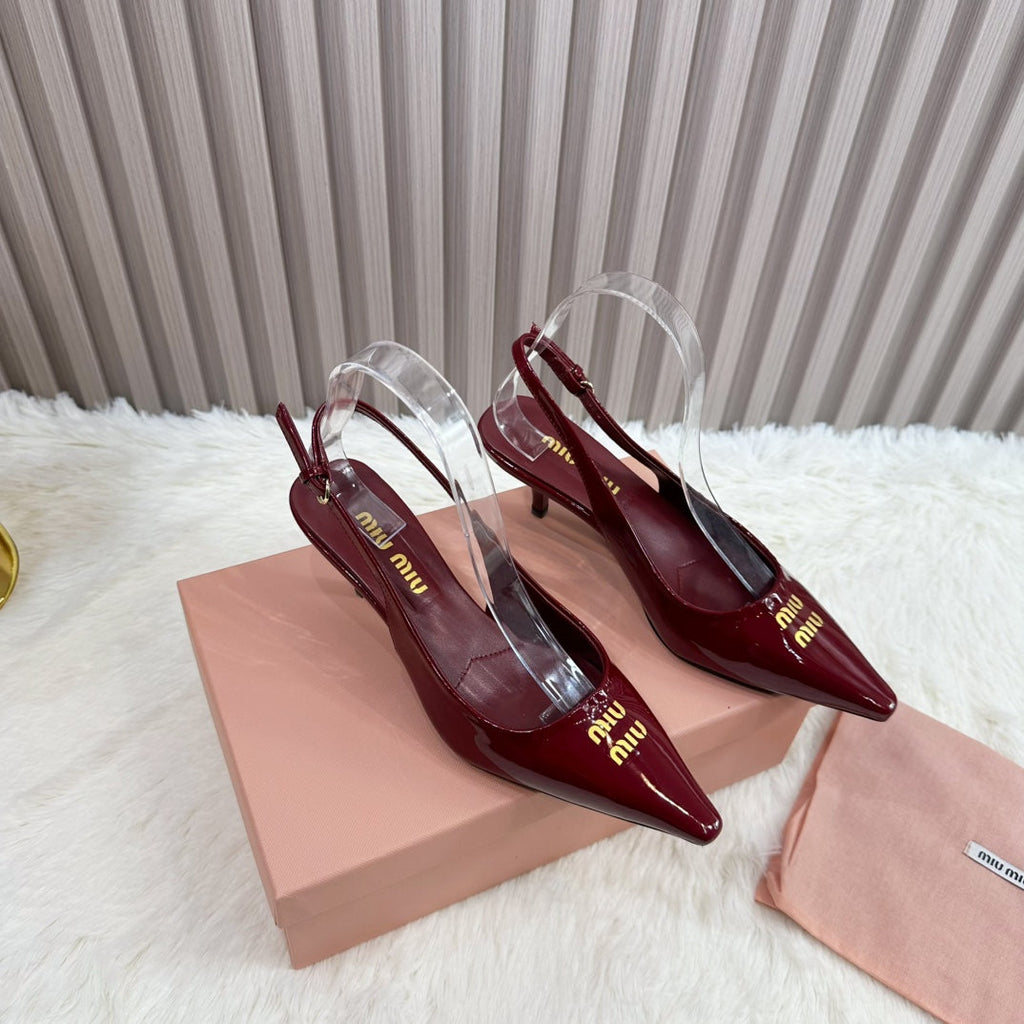 POINTED-TOE SLINGBACK IN WINE RED GLOSSY CALFSKIN