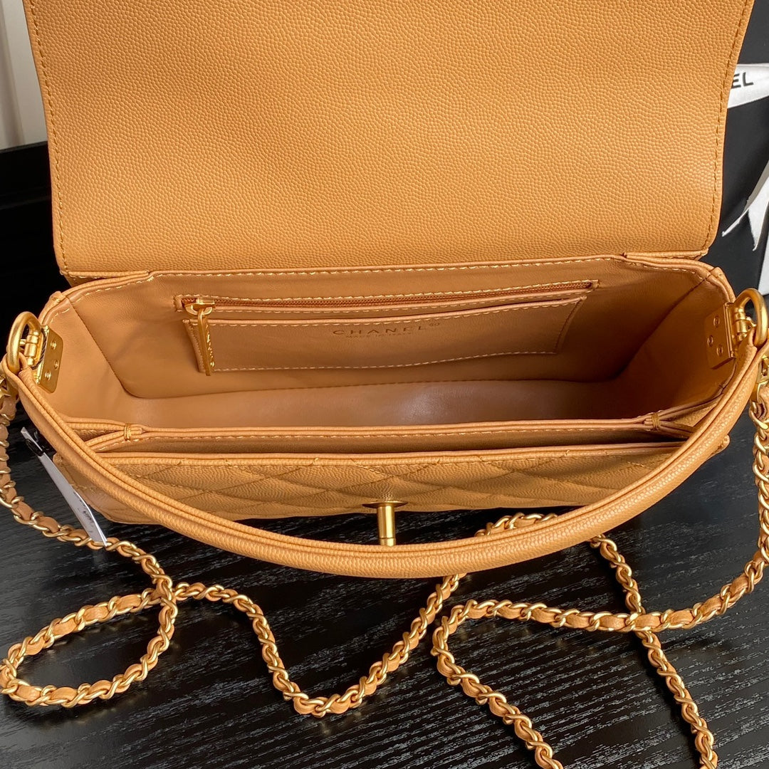 RETRO STYLE FLAP BAG 22 IN RAW SIENNA GRAINED CALFSKIN GOLD HARDWARE