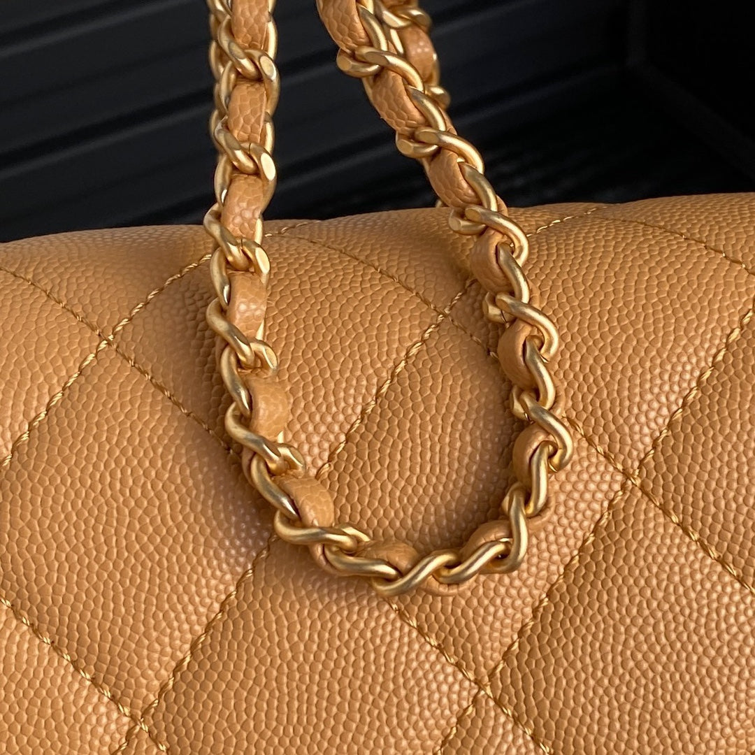 RETRO STYLE FLAP BAG 22 IN RAW SIENNA GRAINED CALFSKIN GOLD HARDWARE