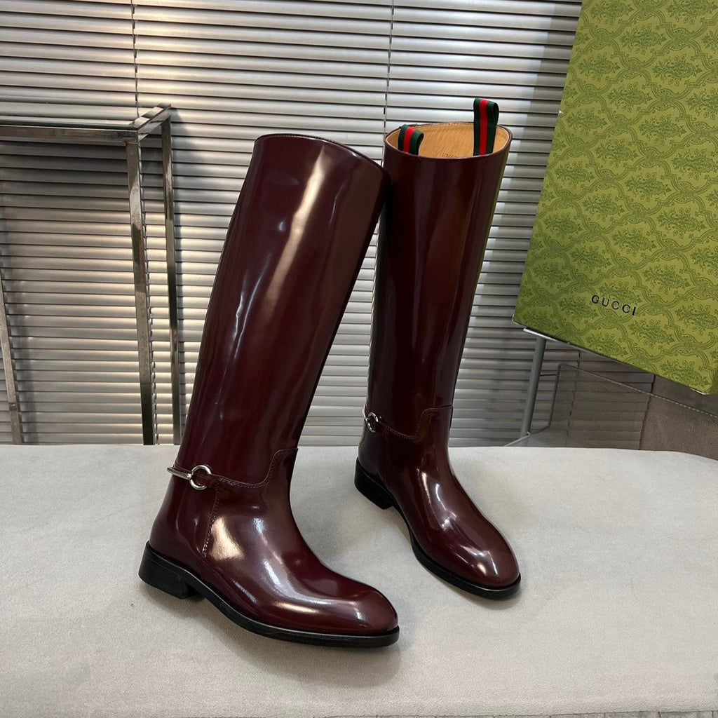 SLIM HORSEBIT KNEE BOOTS WITH WEB IN WINE RED GLOSSY CALFSKIN
