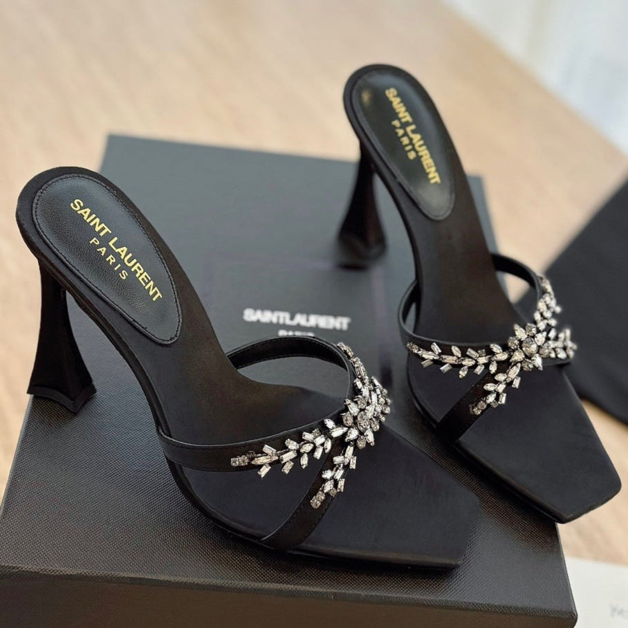 RAV HIGH HEEL 10 CM EMBELLISHED BLACK SATIN MULES