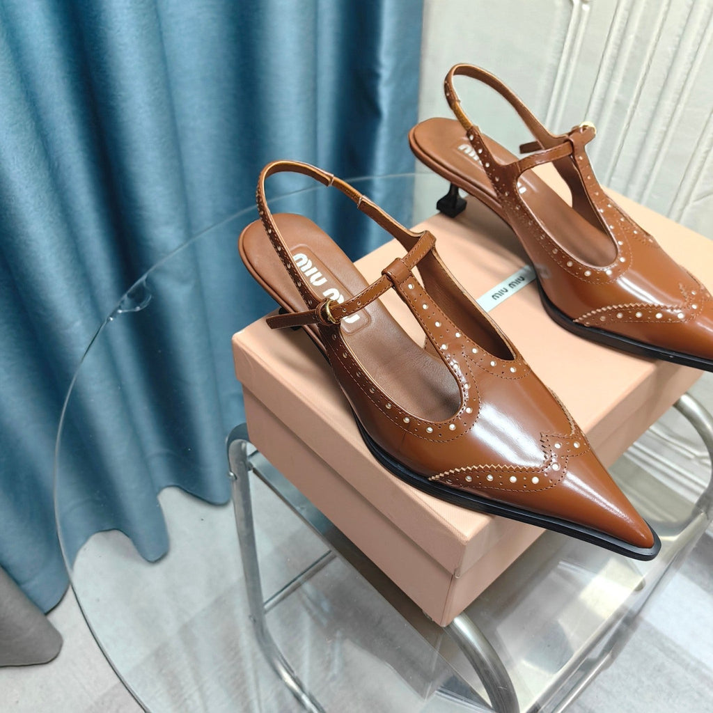 SLINGBACK CARAMEL COLOR LAMBSKIN WITH T- STRAPS