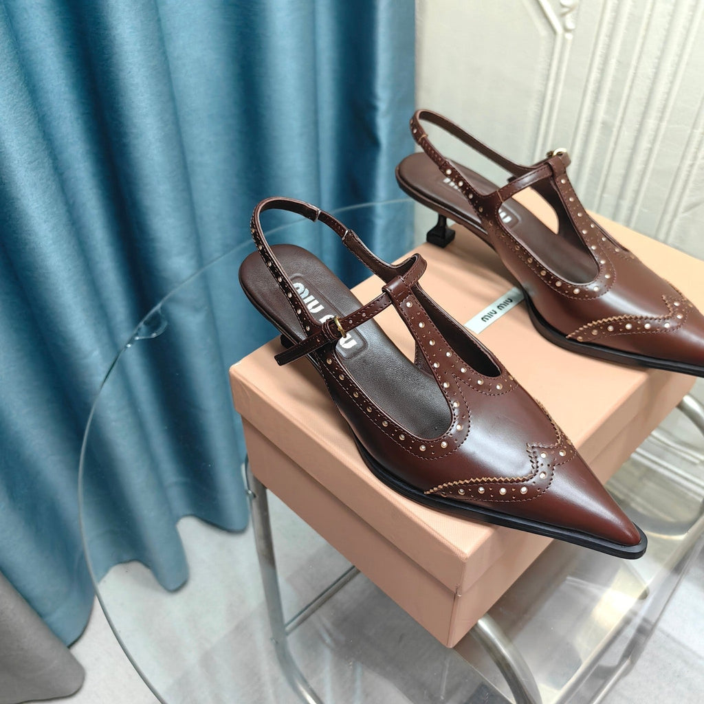 SLINGBACK WALNUT COLOR LAMBSKIN WITH T- STRAPS