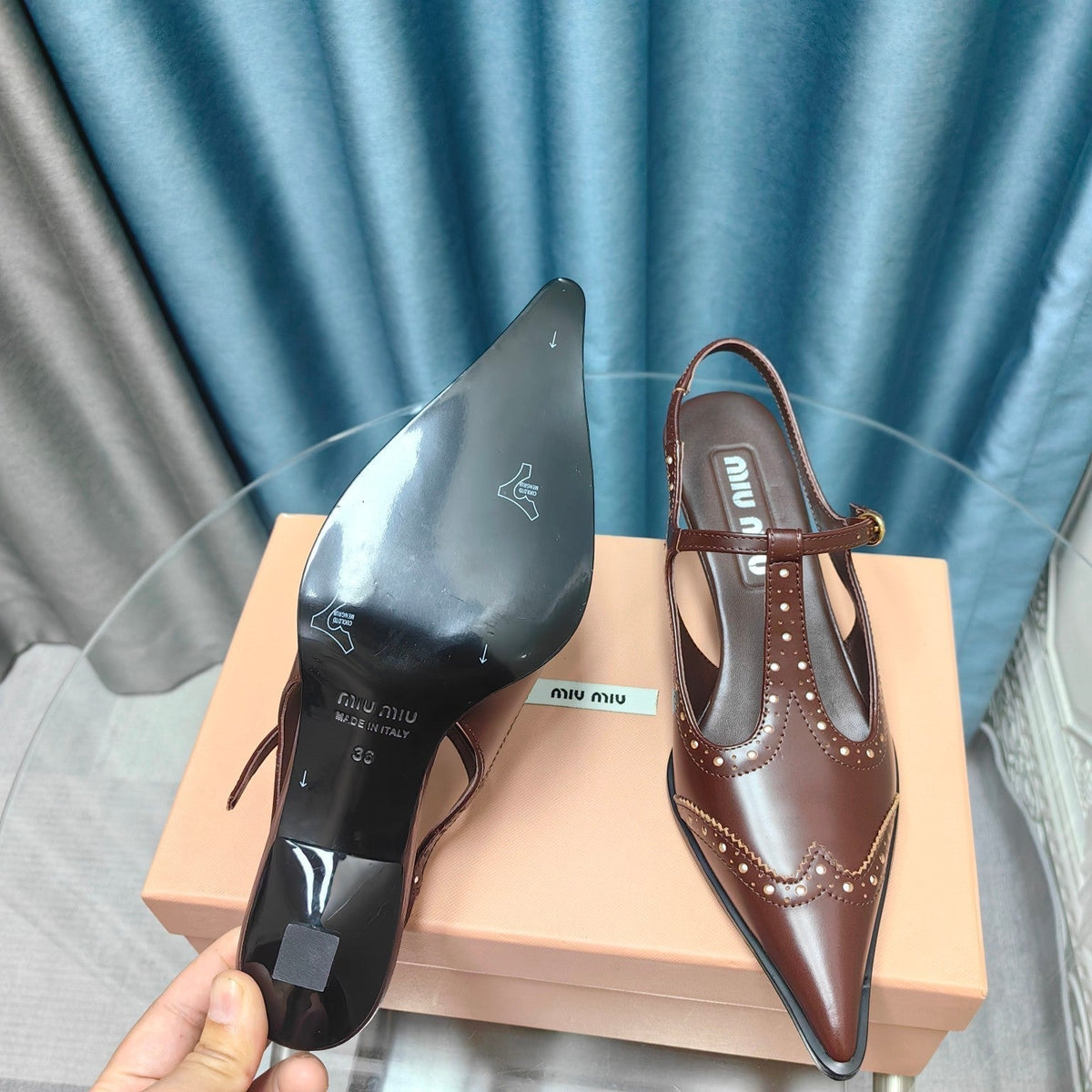 SLINGBACK WALNUT COLOR LAMBSKIN WITH T- STRAPS