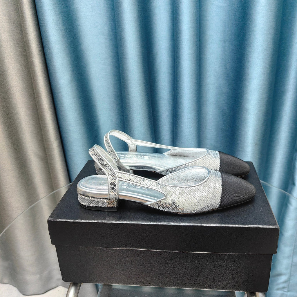 SLINGBACKS IN GLITTER SILVER LAMBSKIN