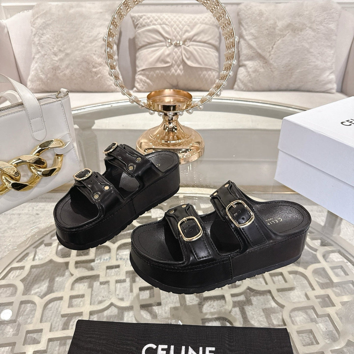 POLLY WEDGE MULE IN BLACK SHINY CALFSKIN