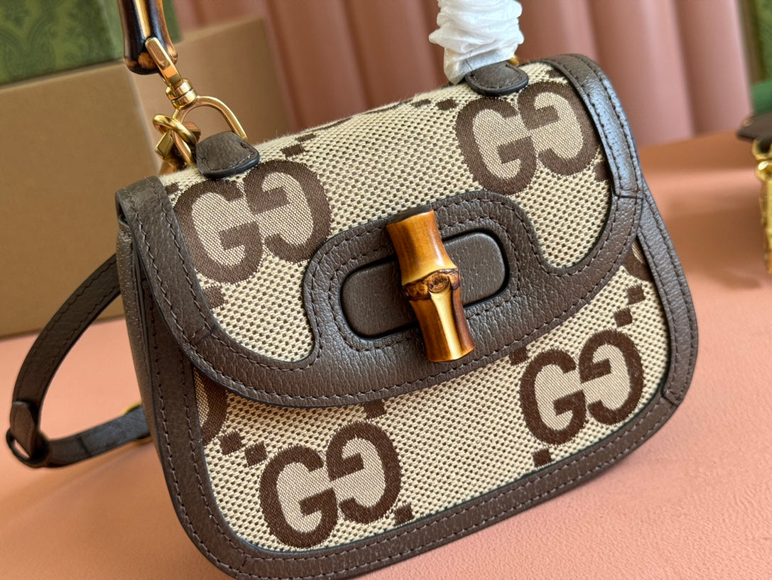 BAMBOO 1947 MINI BAG 17 IN BROWN CALFSKIN AND BEIGE CANVAS