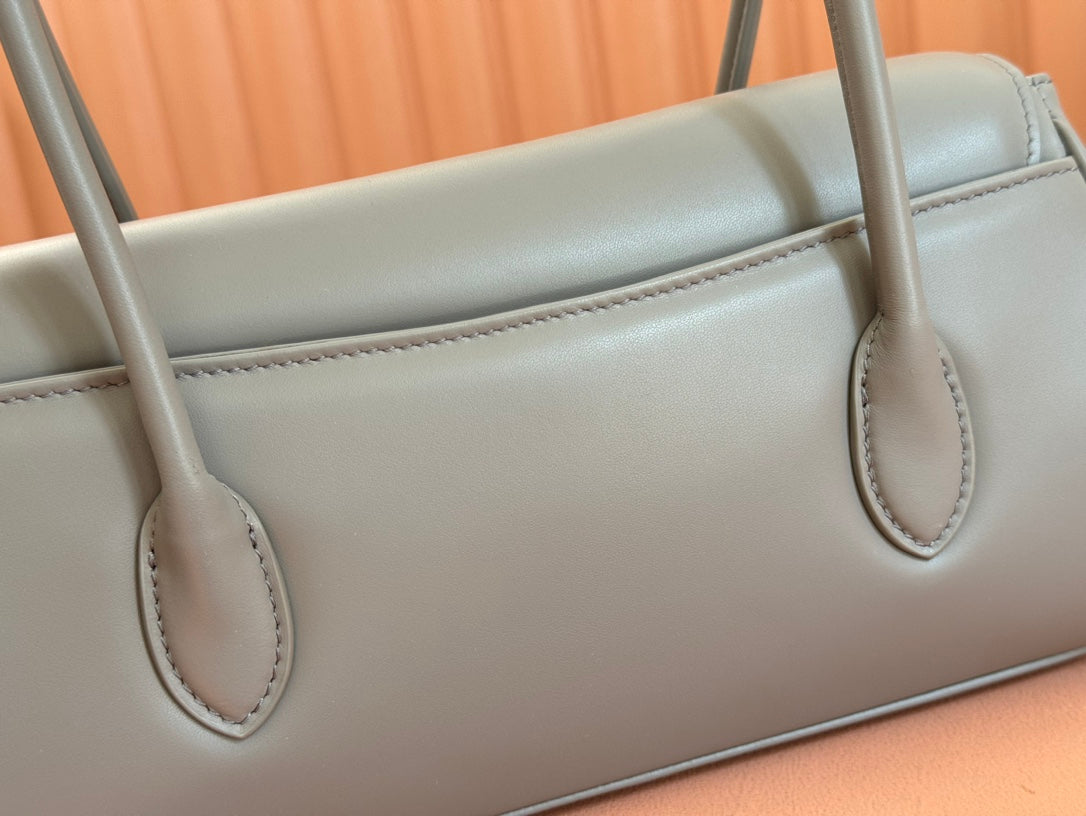 BEAU TOP HANDLE BAG 28 IN LAVA GREY GLOSSY CALFSKIN GOLD HARDWARE