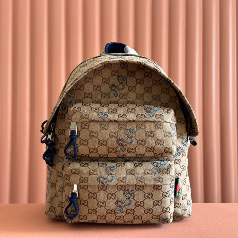 BACKPACK 40 IN BEIGE AND BROWN CANVAS BLUE SNAKE EMBROIDERY