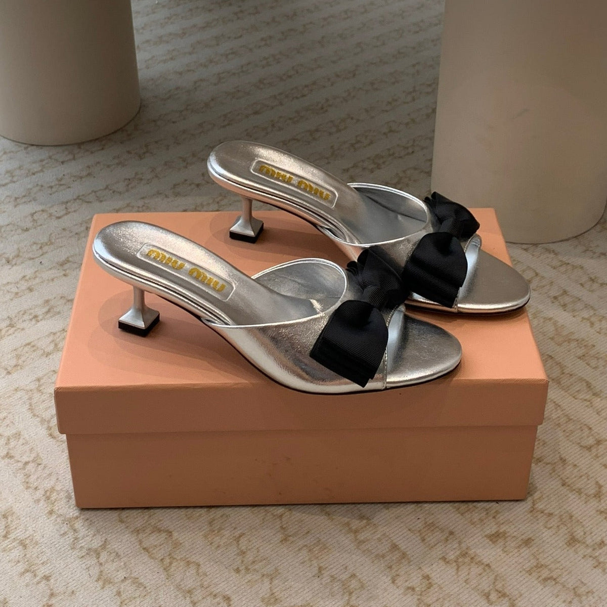 Silver Mid - Heels With Black Bow Calfskin