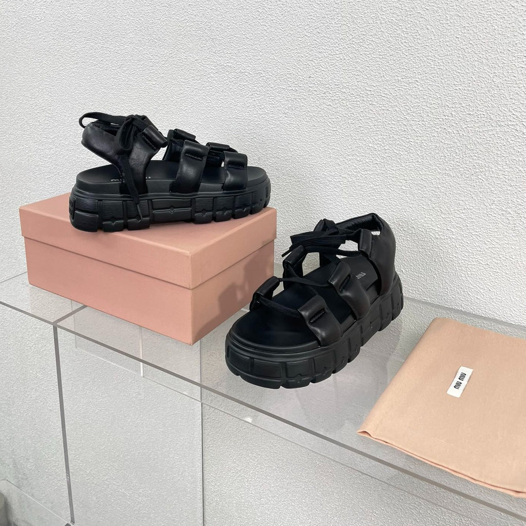 Roman Strap Thick-Soled Black Sandals