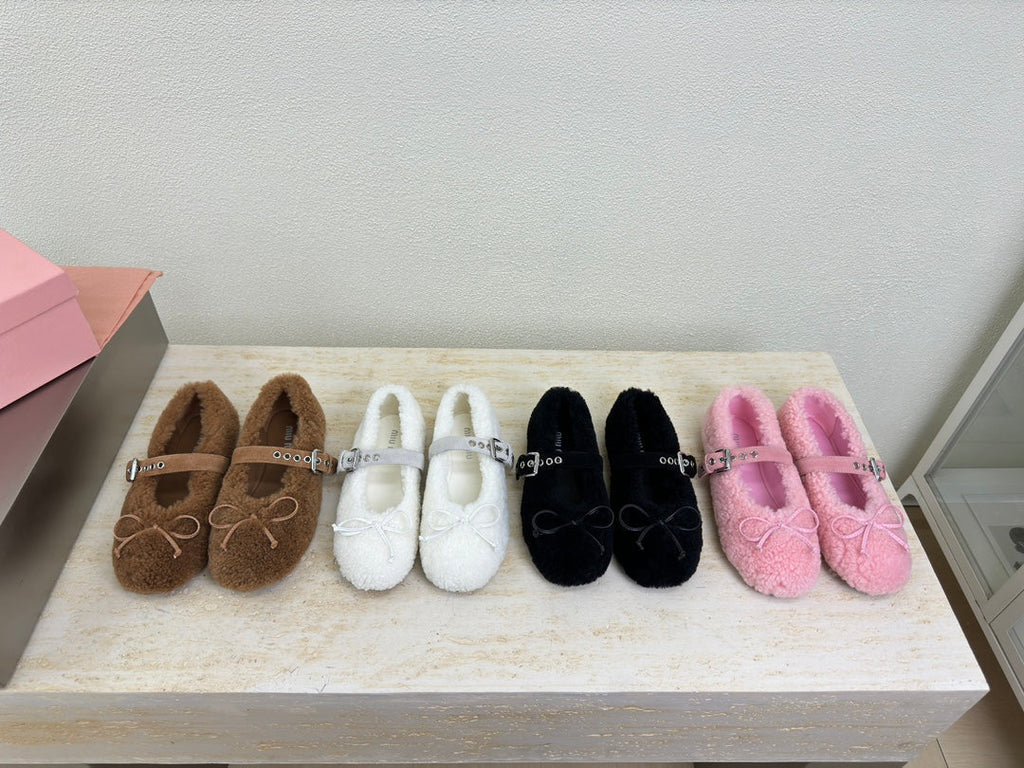 SHEARLING BALLET FLAT BROWN WITH SUEDE STRAP