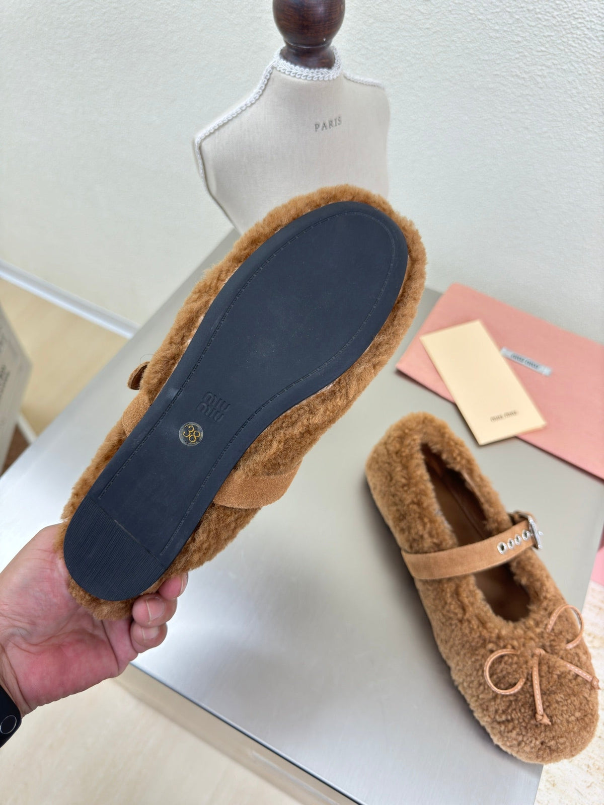 SHEARLING BALLET FLAT BROWN WITH SUEDE STRAP