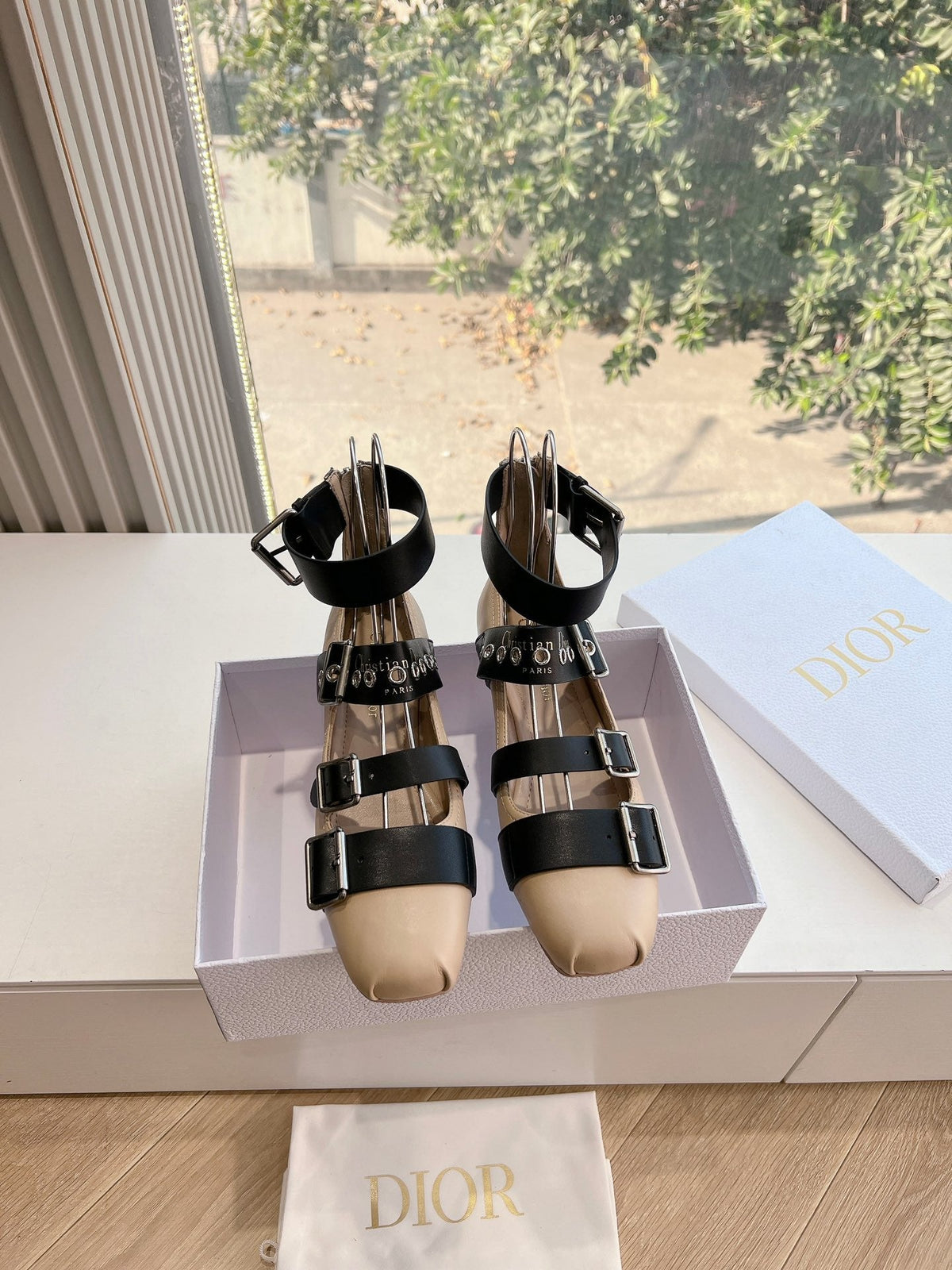 PUNK BALLET FLAT IN BLACK MIX CAMEL BEIGE CALFSKIN