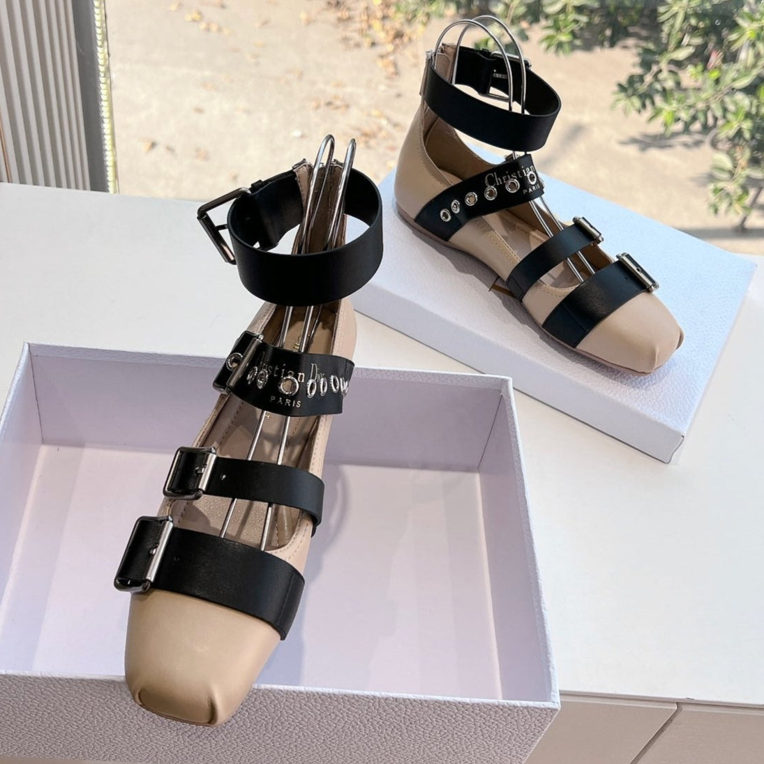 PUNK BALLET FLAT IN BLACK MIX CAMEL BEIGE CALFSKIN