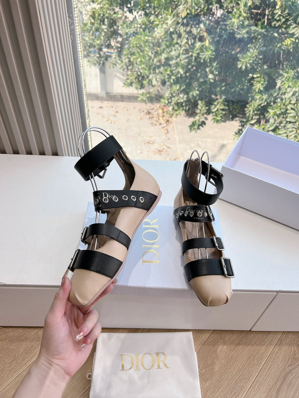 PUNK BALLET FLAT IN BLACK MIX CAMEL BEIGE CALFSKIN
