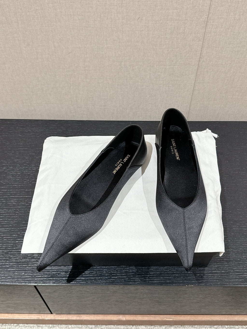SL NOUR POINTED TOE BALLET BLACK SATIN