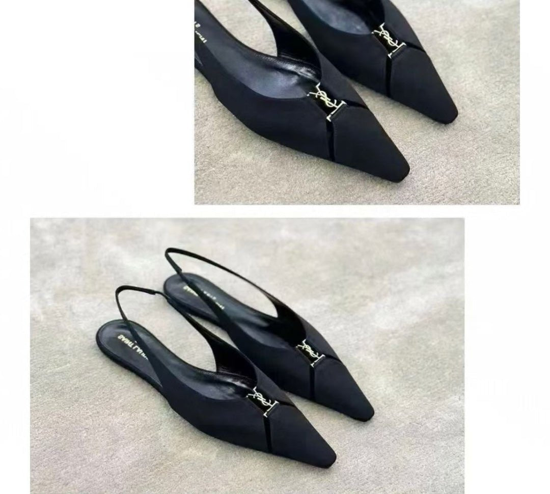 SL BABYLONE SLINGBACK FLAT BLACK SATIN CREPE