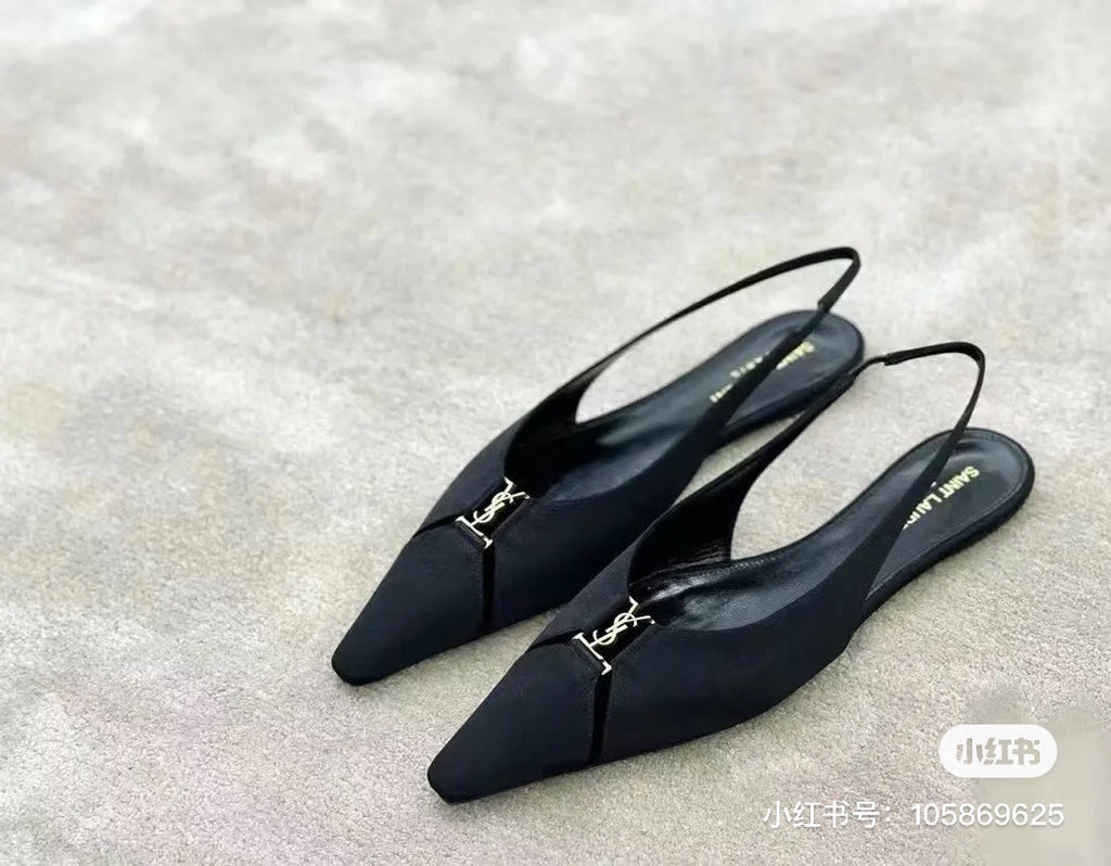 SL BABYLONE SLINGBACK FLAT BLACK SATIN CREPE