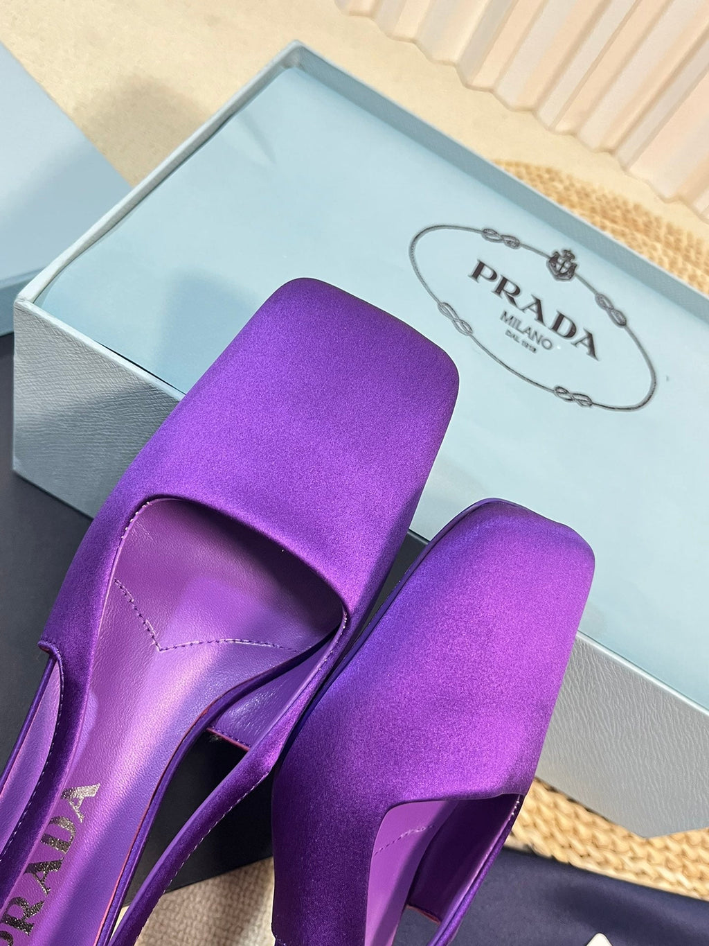 PRA SQUARE TOE SLINGBACK PUMPS VIOLET SATIN