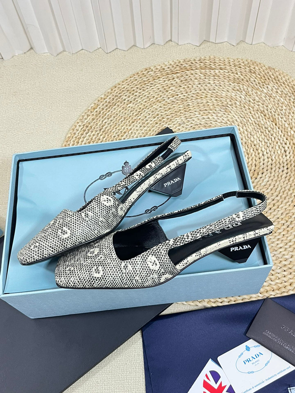 PRA SQUARE TOE SLINGBACK PUMPS SNAKESKIN MOTIF SATIN