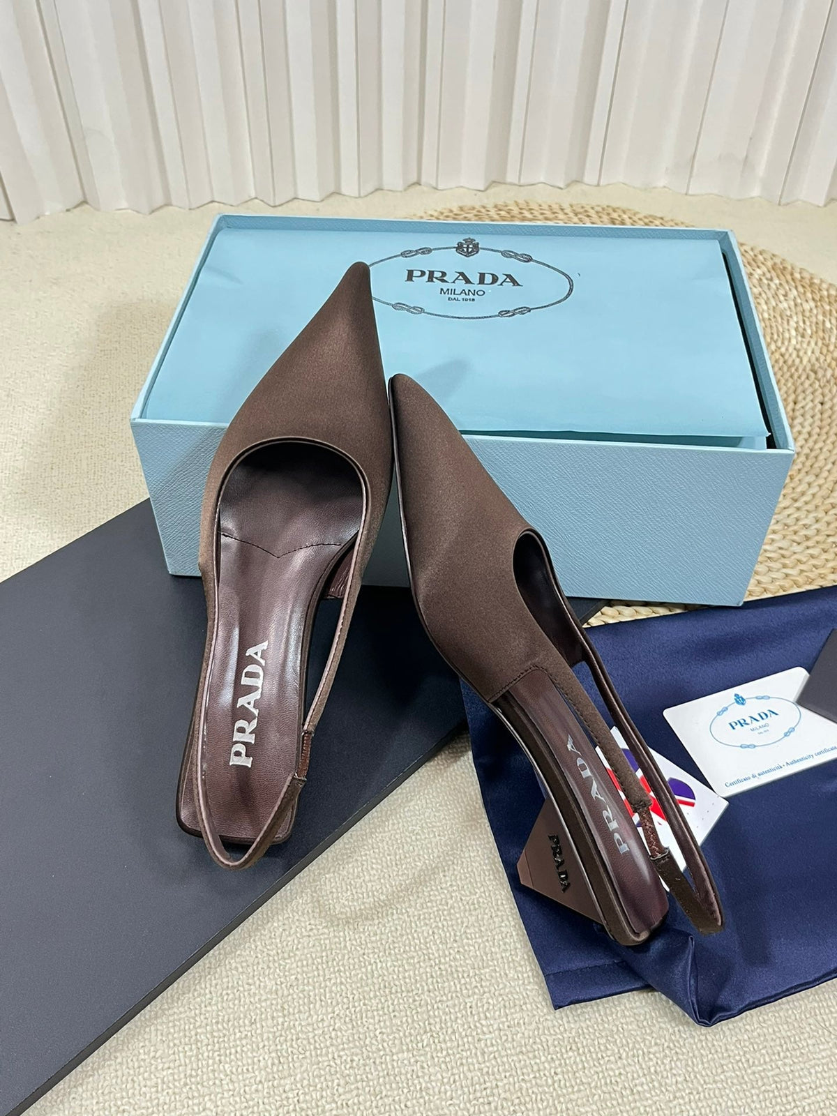 PRA POINTED TOE SLINGBACK PUMPS CHOCOLATE SATIN