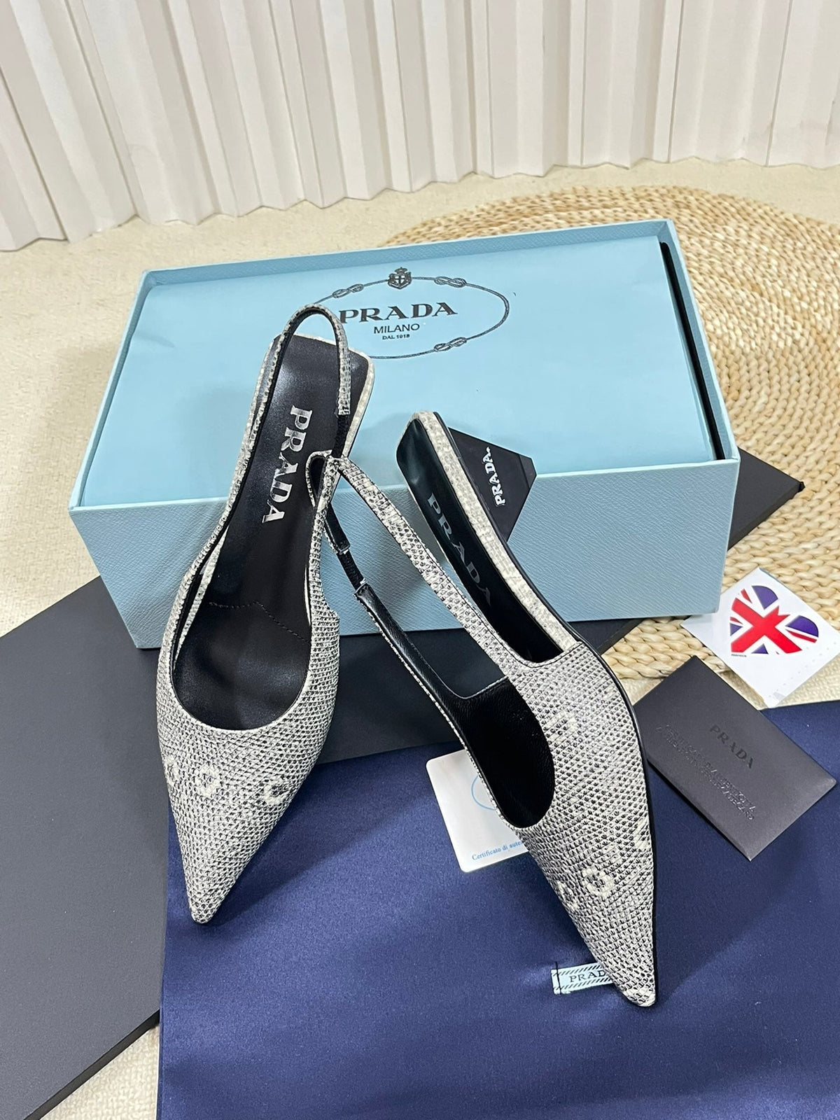 PRA POINTED TOE SLINGBACK PUMPS SNAKESKIN MOTIF SATIN