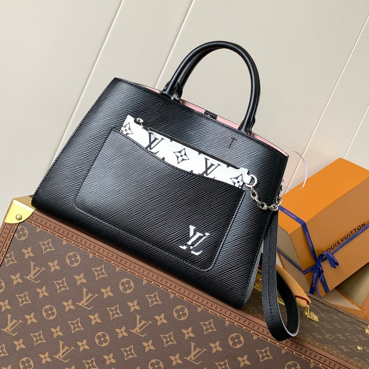 MARELLE TOTE BB BAG 30 IN BLACK EPI GRAIN COWHIDE LEATHER