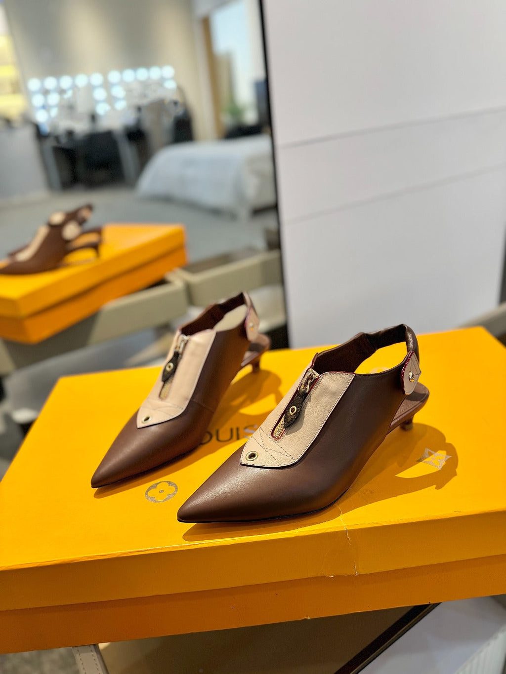 ALLURE HIGH 4.5 CM SLINGBACK IN CHOCOLATE MIX SAND BROWN CALFSKIN