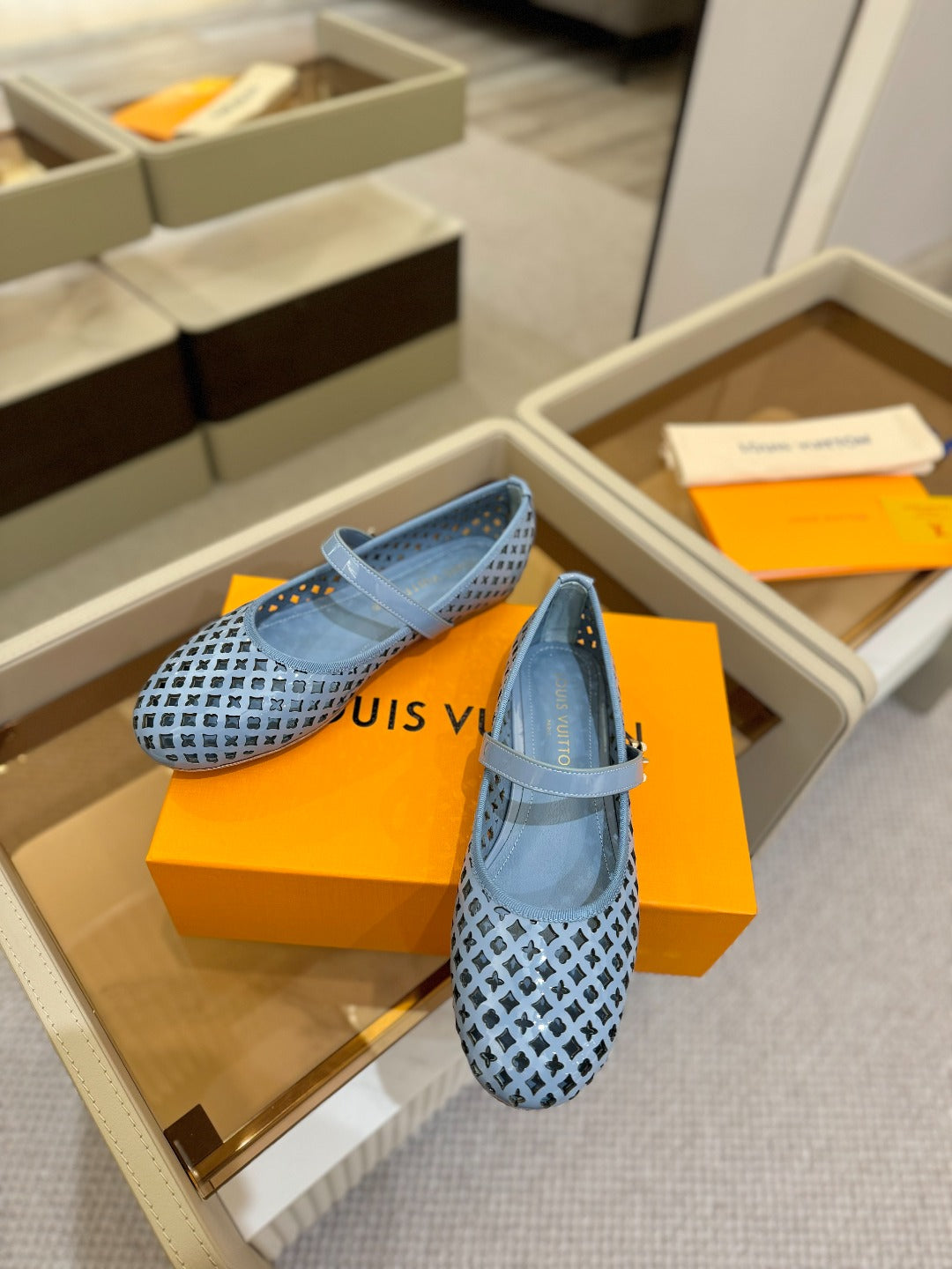 ROMY FLAT BALLERINA IN CERULEAN BLUE MESH PATENT CALFSKIN