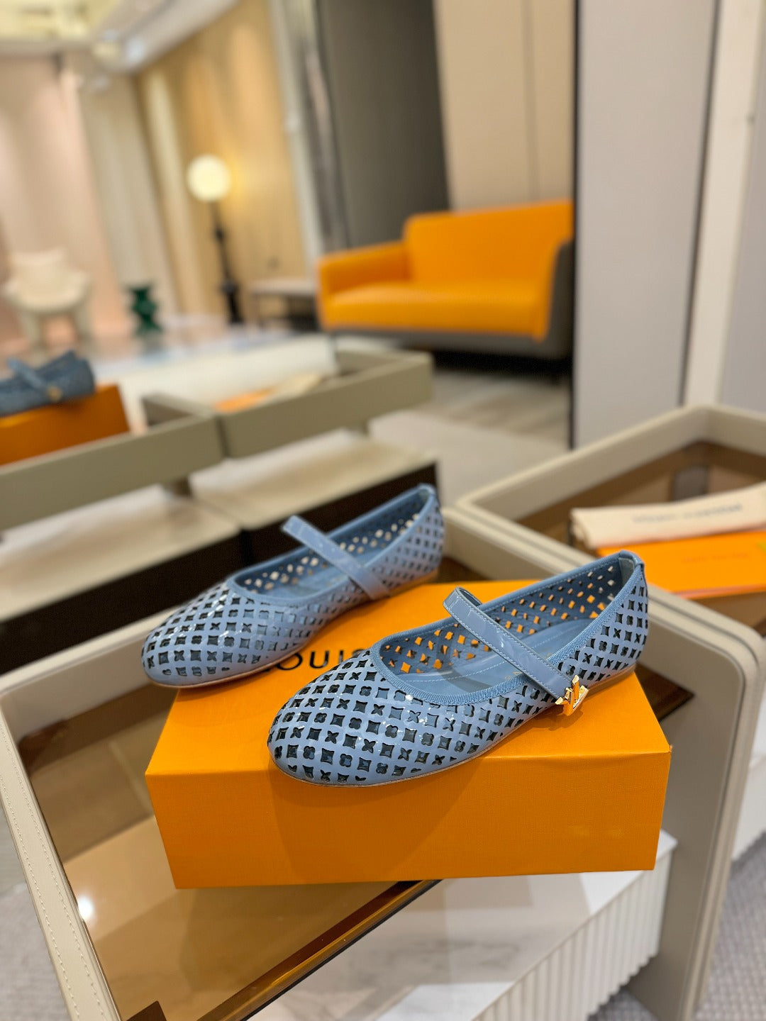 ROMY FLAT BALLERINA IN CERULEAN BLUE MESH PATENT CALFSKIN