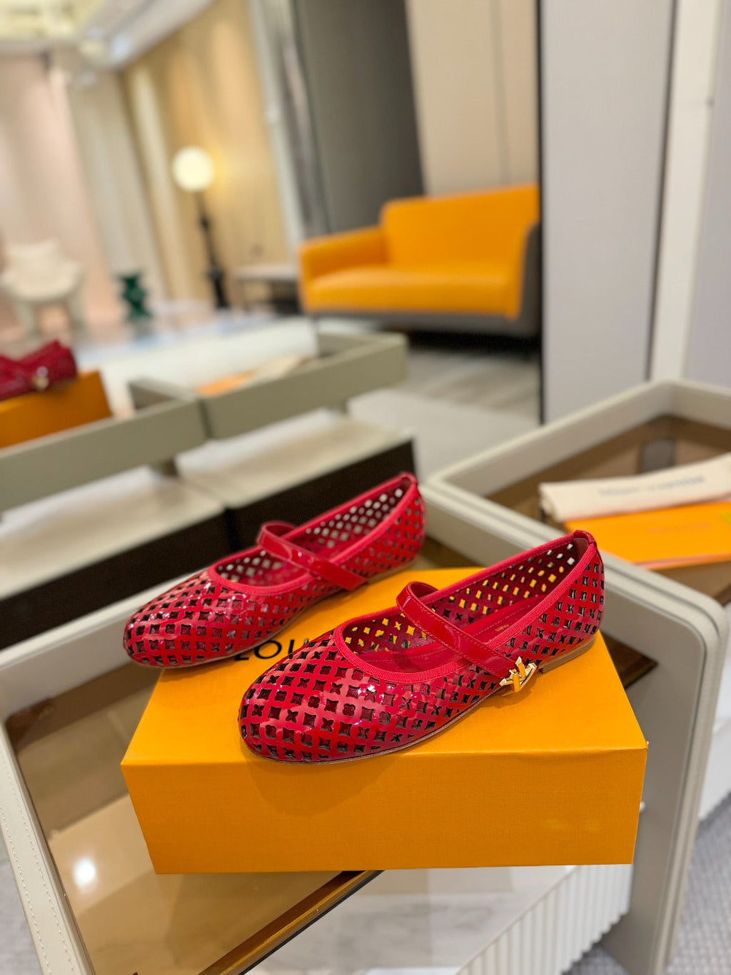 ROMY FLAT BALLERINA IN CHERRY RED MESH PATENT CALFSKIN