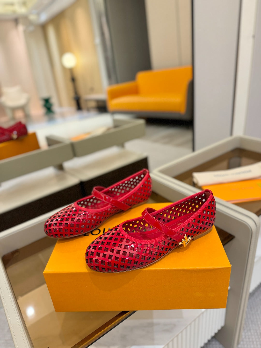 ROMY FLAT BALLERINA IN CHERRY RED MESH PATENT CALFSKIN