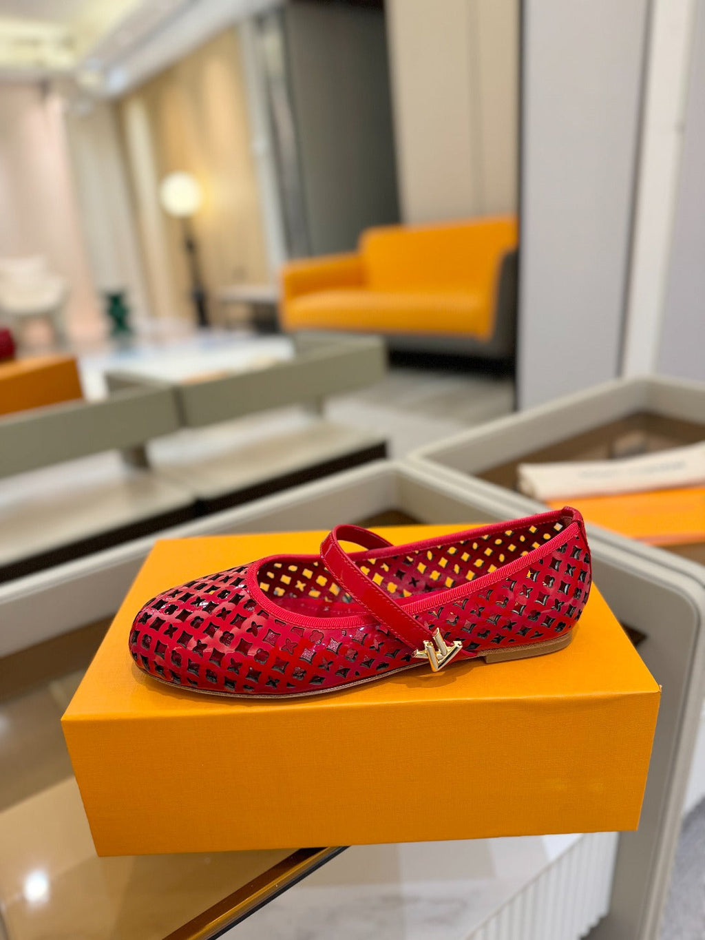 ROMY FLAT BALLERINA IN CHERRY RED MESH PATENT CALFSKIN