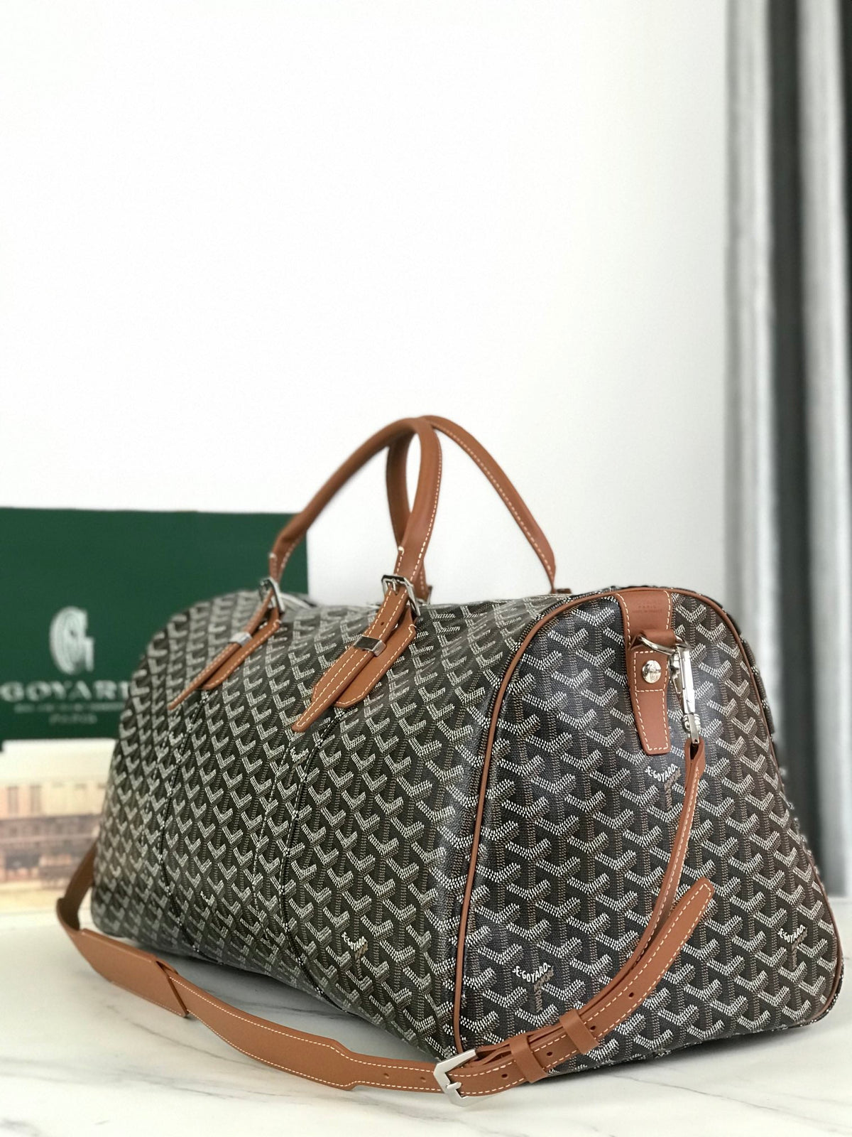 BOSTON 50 BAG IN BLACK GOYARDINE CANVAS AND TAN CALFSKIN TRIM
