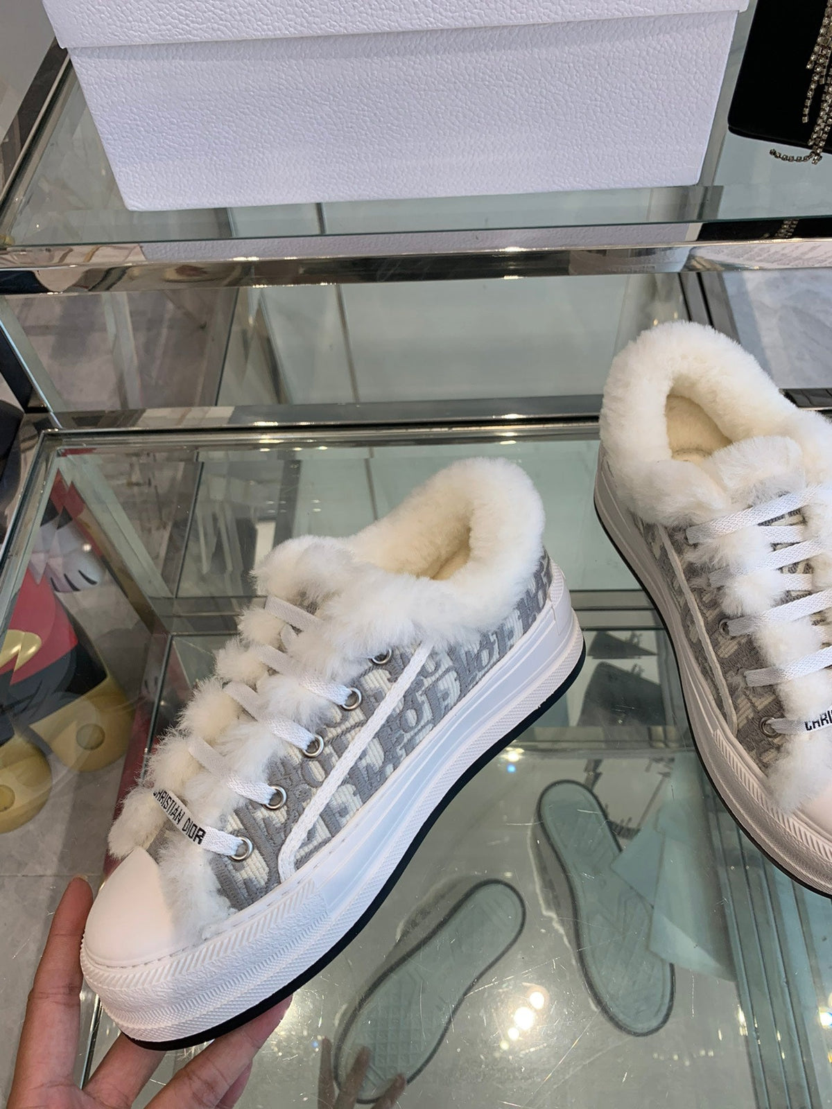 ALK'N PLATFORM SNEAKER PALE GRAY COTTON EMBROIDERED WITH OBLIQUE MOTIF AND WHITE SHEARLING