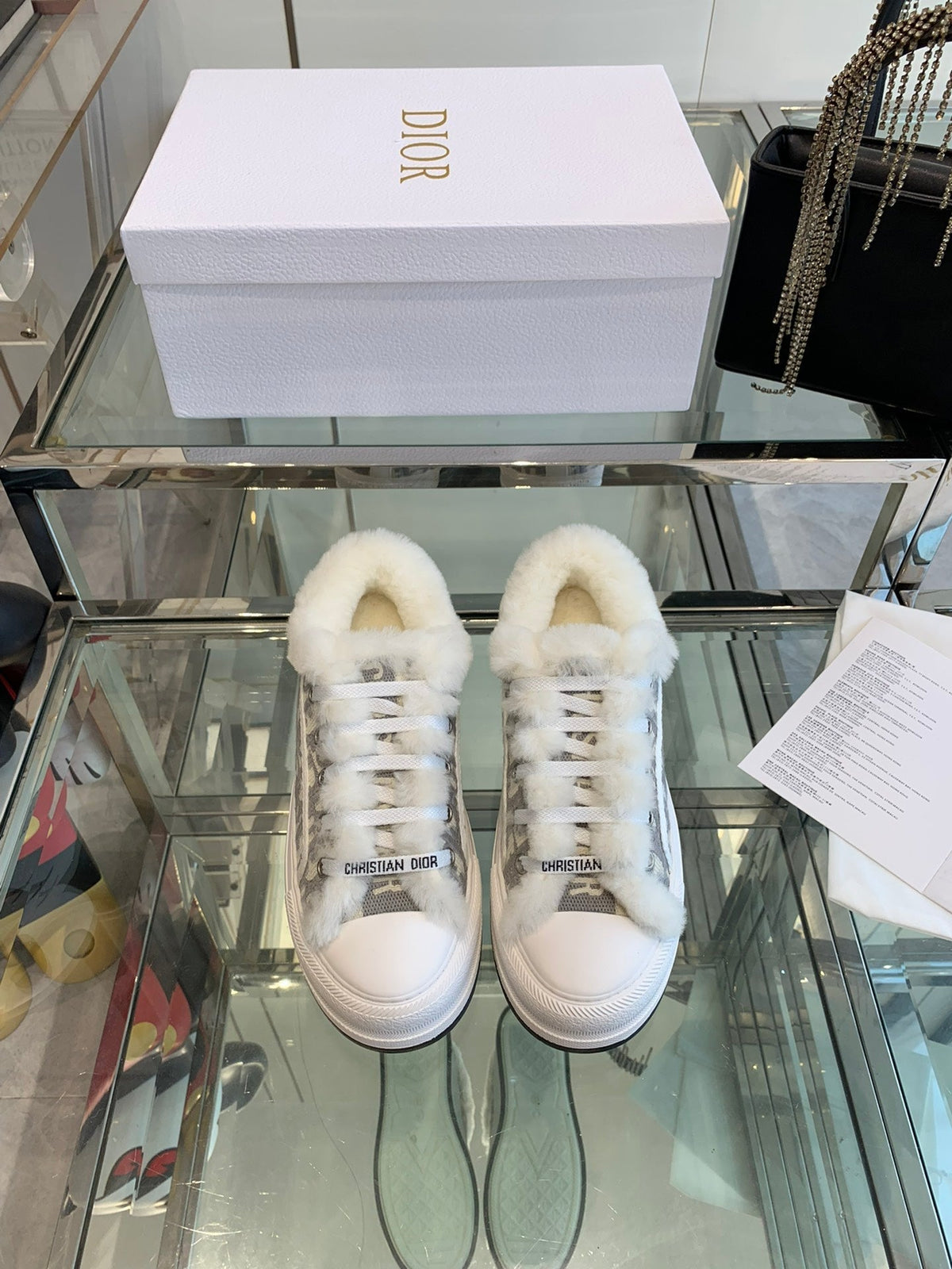 ALK'N PLATFORM SNEAKER PALE GRAY COTTON EMBROIDERED WITH OBLIQUE MOTIF AND WHITE SHEARLING