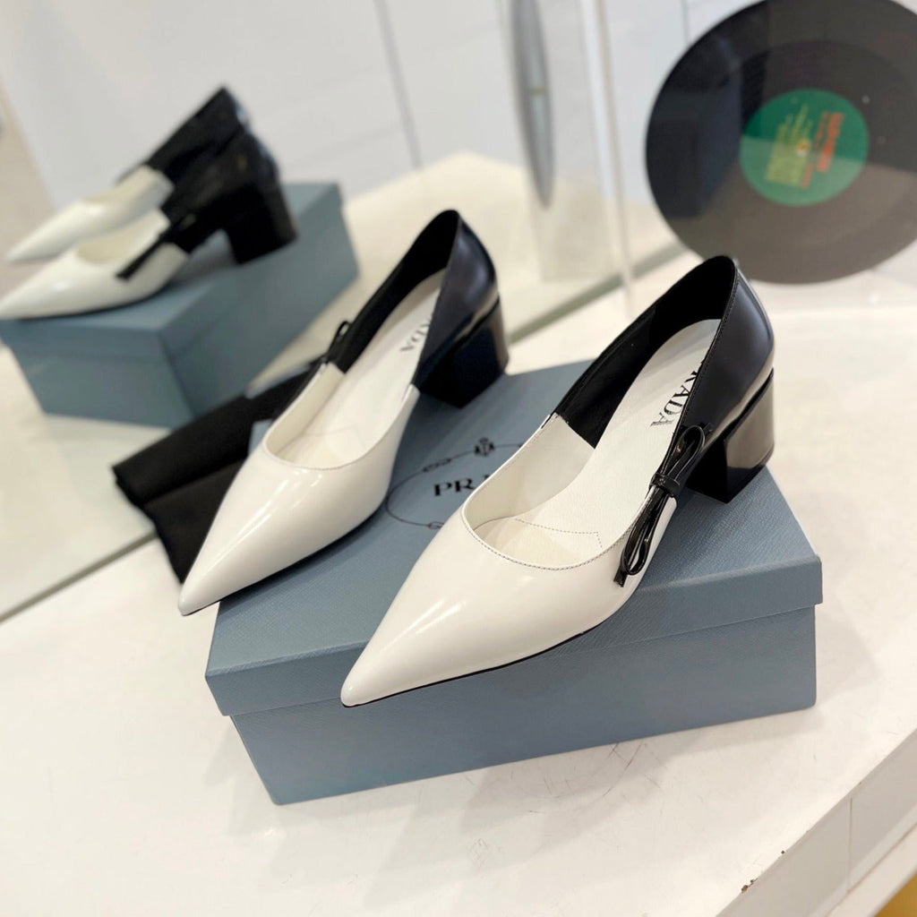 PRA MID - HEELS WHITE AND BLACK LAMBSKIN WITH BOW