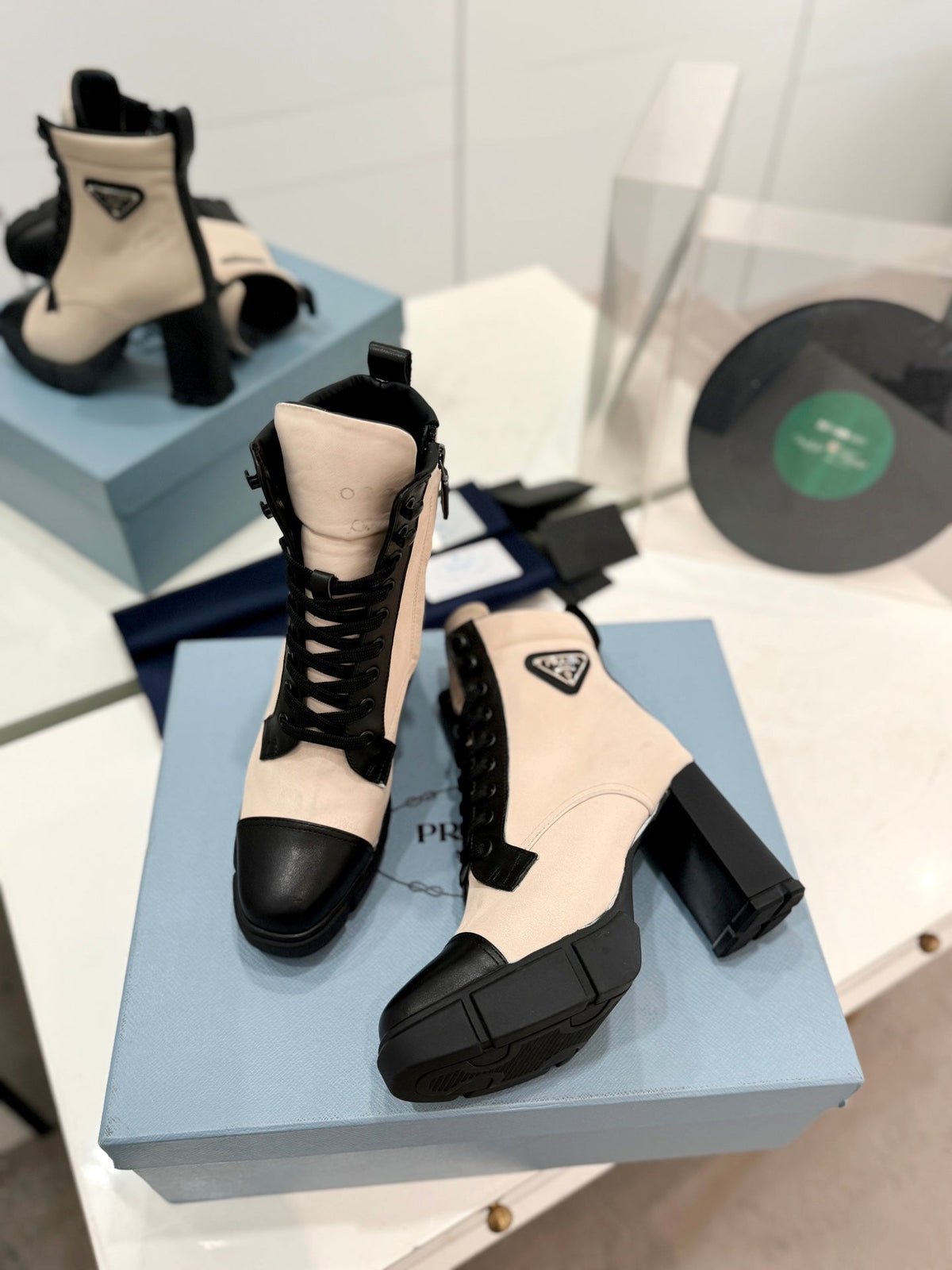 PRA RE-NYLON AND LEATHER BOOTIES PASTEL PINK