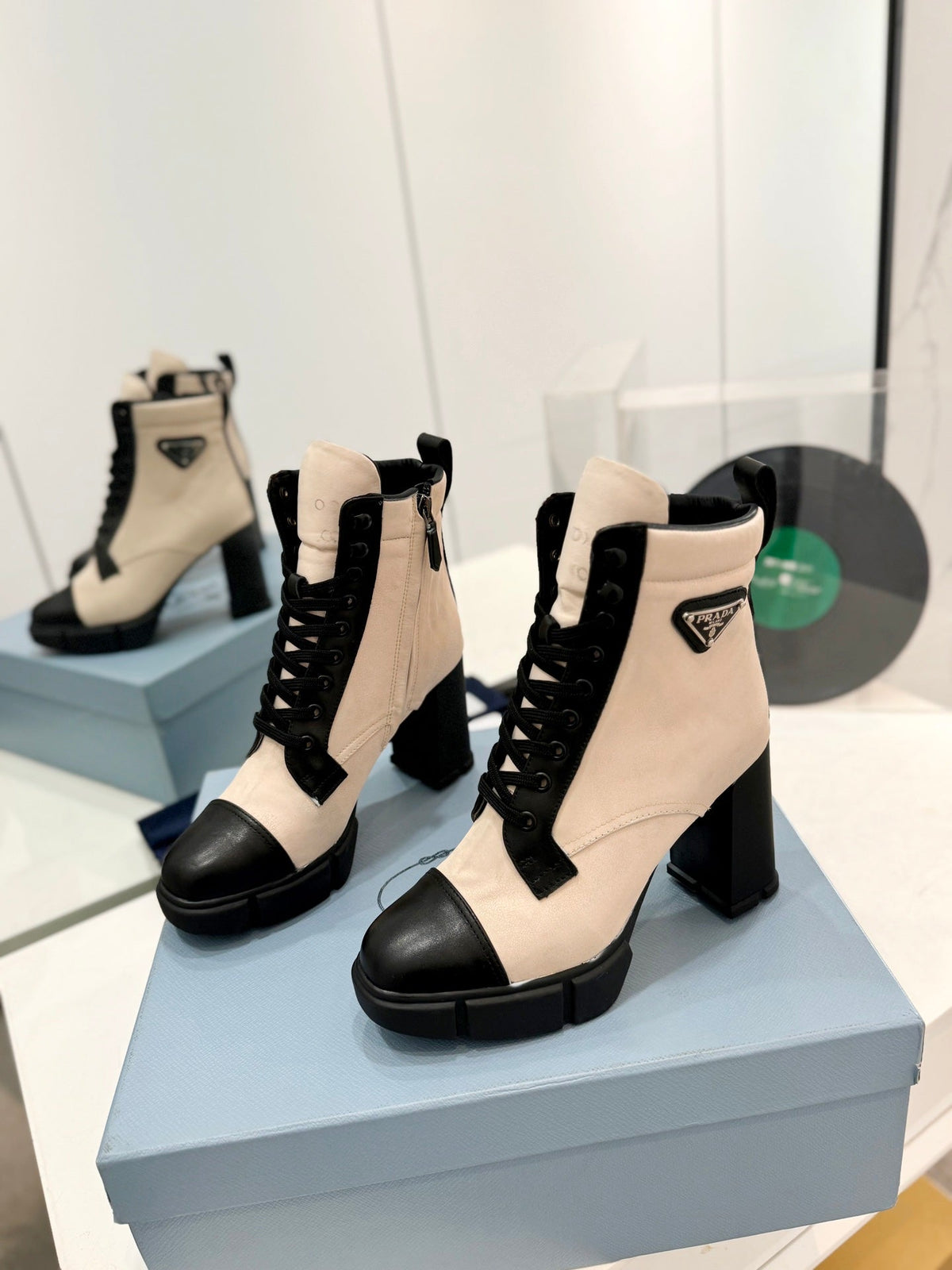 PRA RE-NYLON AND LEATHER BOOTIES PASTEL PINK
