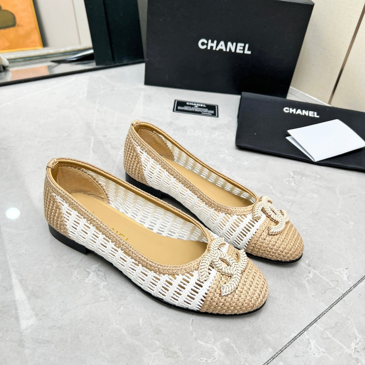 BALLET FLAT 10 MM IN WHITE MIX BEIGE RAFFIA