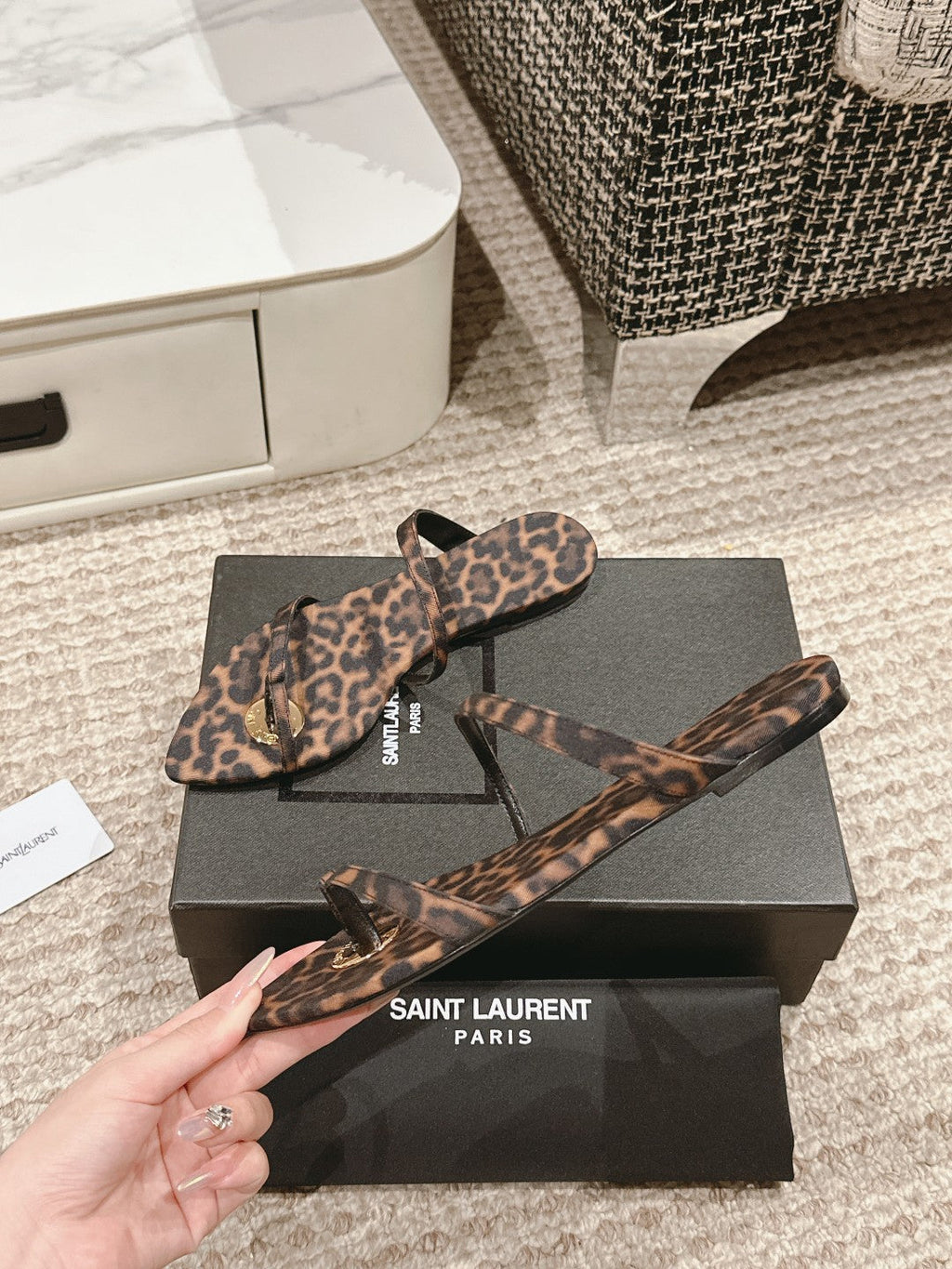 SL TANGER SLIDES LEOPARD SATIN