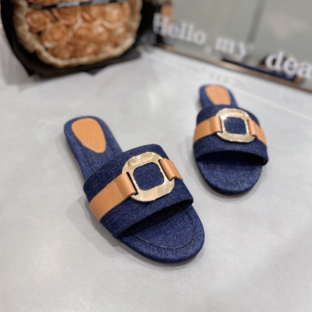SLIDE MULE IN NAVY BLUE DENIM AND BROWN CALFSKIN GOLD HARDWARE