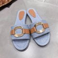 SLIDE MULE IN LIGHT BLUE DENIM AND BROWN CALFSKIN GOLD HARDWARE