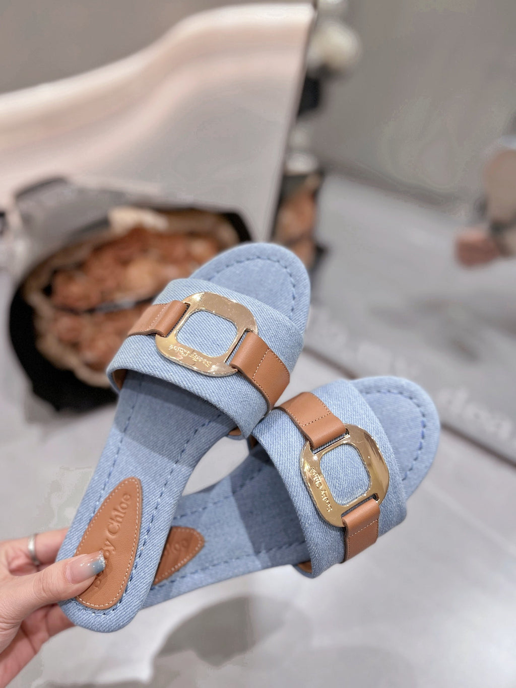 SLIDE MULE IN LIGHT BLUE DENIM AND BROWN CALFSKIN GOLD HARDWARE