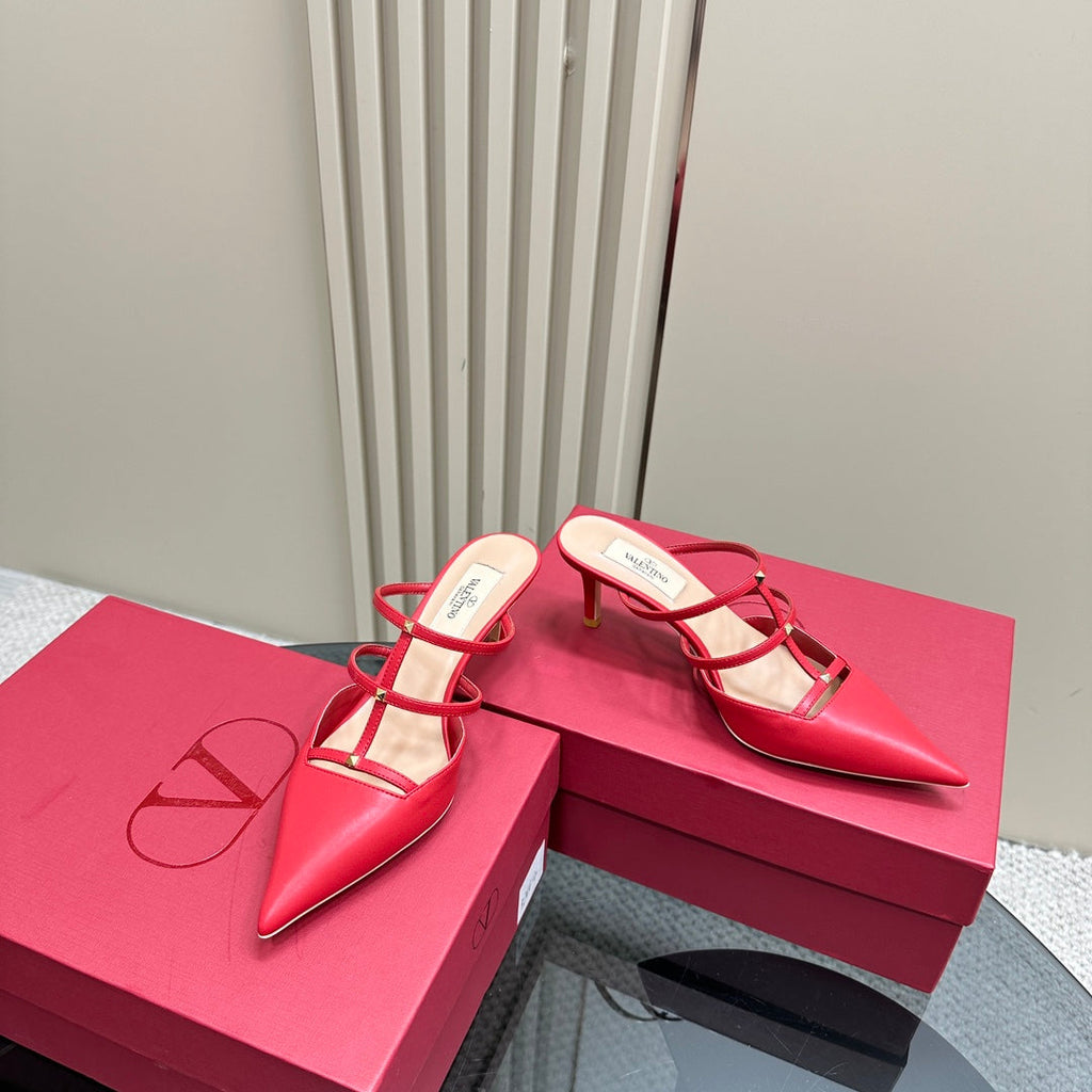 ROCKSTUD WISPY CHERRY RED CALFSKIN MULE 60MM