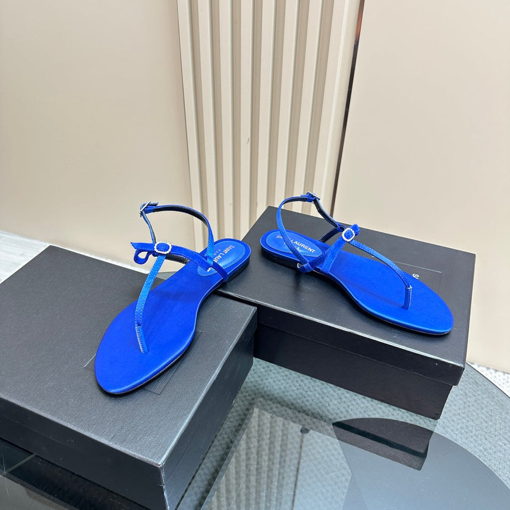 SL CRYSTAL T-STRAP FLAT SANDAL COBALT SATIN