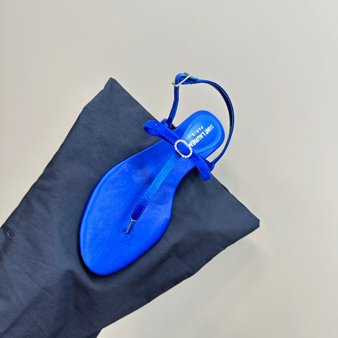 SL CRYSTAL T-STRAP FLAT SANDAL COBALT SATIN
