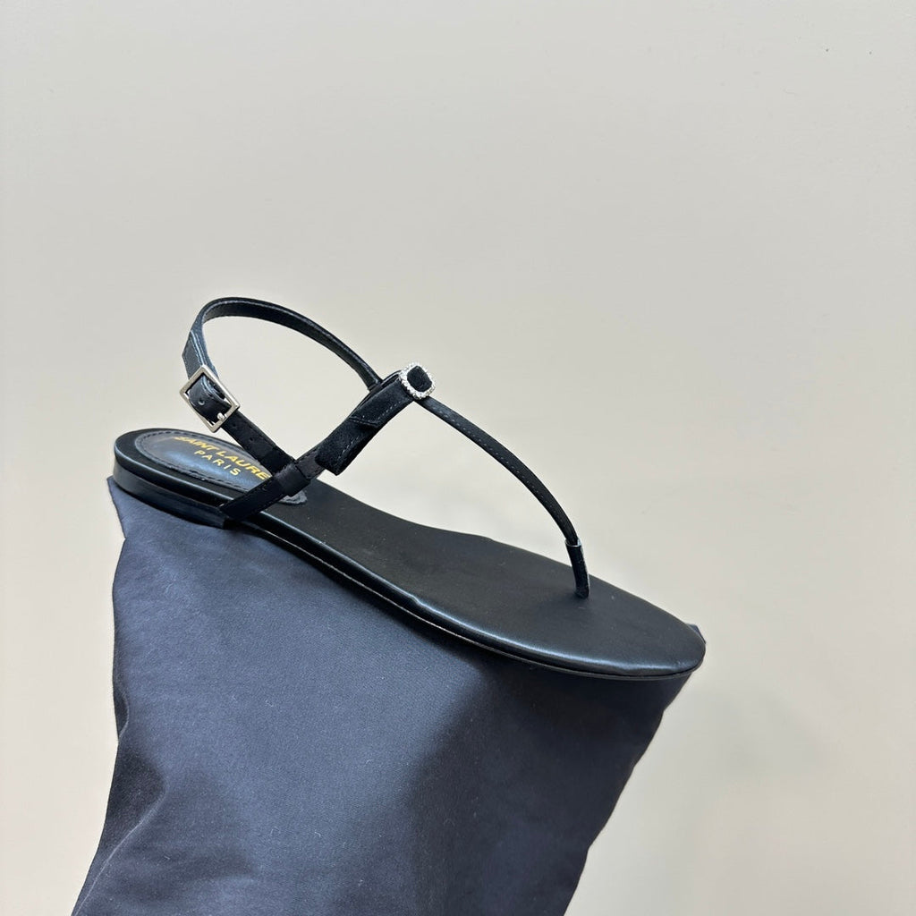 SL CRYSTAL T-STRAP FLAT SANDAL BLACK SATIN